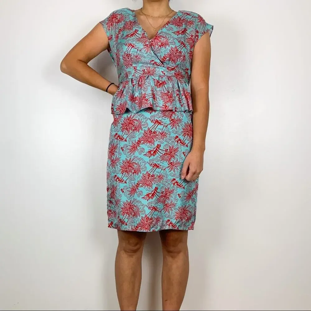 Nanette Lepore Teal & Red 100% Silk Peplum Waist Palm Print Dress Size 4 - Picture 13 of 13